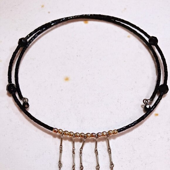 Handmade Black and Silver Beaded Fringe Choker Memory Wire Necklace - Picture 7 of 8